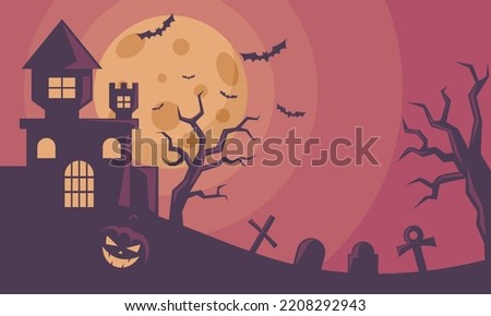 The Witch Castle, Haunted House. Flat Design Vector Illustration. Halloween night Illustration. 