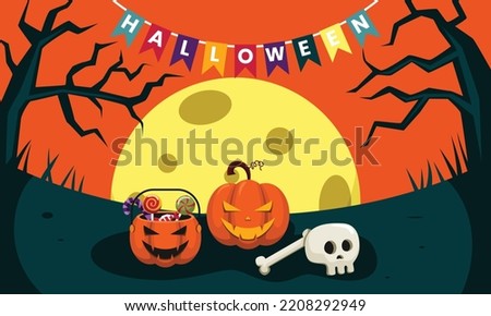 Halloween Party Flat Design. with Pumpkin, candy cane, and Skull. Halloween night vector Illustration. 