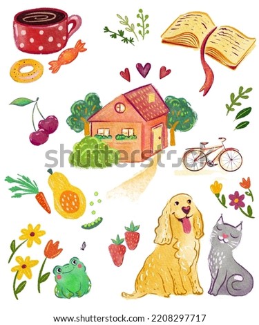 Set of drawn stickers about rustic life. Country style illustration. Froots, vegetables, flowers, dog, cat, book, tea mug drawing.