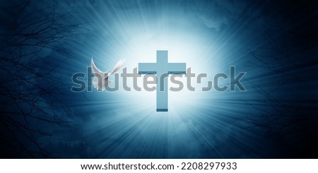Glowing light in the dark and Christianity symbol of cross. Holy spirit bird flying to heaven in the sky. The white dove flying towards the cross. Religious concept.