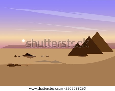 sunset desert landscape with pyramid vector design