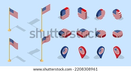 American flag (United States of America). 3D isometric flag set icon. Editable vector for banner, poster, presentation, infographic, website, apps, maps, and other uses.