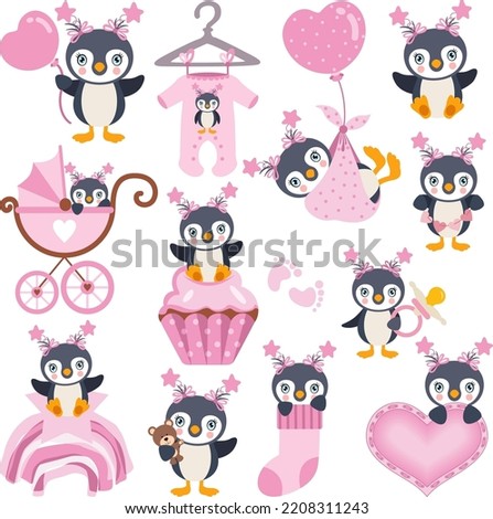 Set of pink digital elements of cute baby girl penguin
