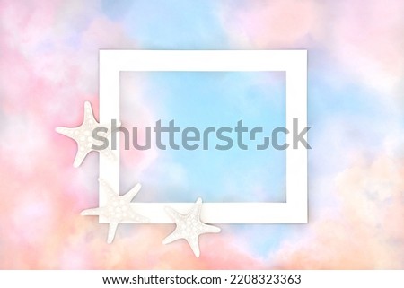 Rainbow sky cloud background border with white frame and starfish sea shells. Abstract colourful minimal pastel design. Summer vacation holiday nature concept.