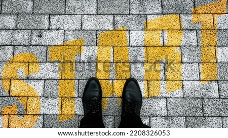 Top view of man standing in position At the starting line, a new beginning, moving forward