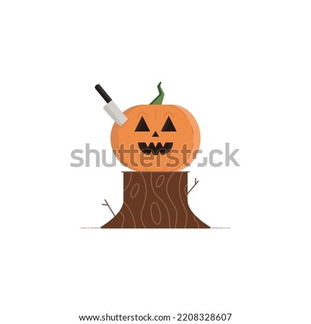 Halloween pumpkin with a knife stuck in it at the market. Halloween concept. Isolate on a white background.