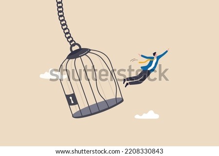 Courage to escape for freedom, get out of comfort zone to find new job, open mind or fly away for better life, hope and liberty concept, courage businessman escape from bird cage jump and fly away. Royalty-Free Stock Photo #2208330843