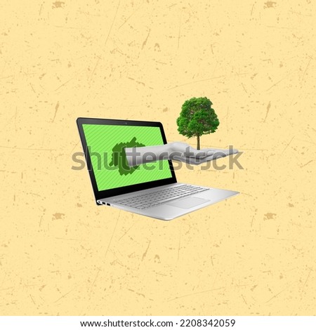 Contemporary art collage of laptop with human hand holding tree. Sustainable lifestyle concept. Copy space. Royalty-Free Stock Photo #2208342059