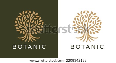 Botanic tree of life logo. Natural product plant icon. Botanical wellness spa sign. Luxury floral boutique nature emblem. Premium oak tree symbol. Vector illustration.