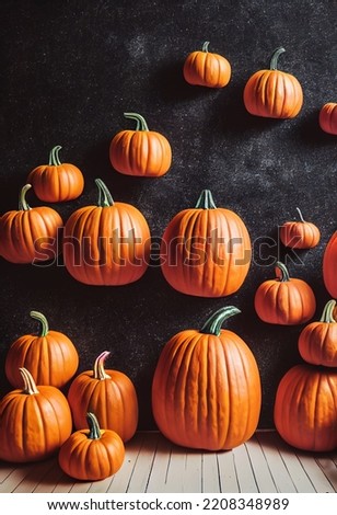 Orange pumpkins, wooden floor, dark wall. Pumpkins for the Halloween holiday