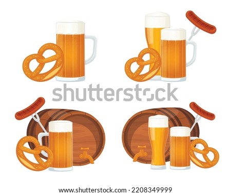 Big set of detailed pint of beer, ale, pretzel, barrel and sausage illustration for Oktoberfest poster, banner, flyer. Isolated realistic vector designs