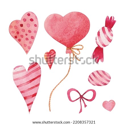 Happy Valentines day. Watercolor hand drawn illustration with hearts, candies and balloon for celebration, greeting cards, invitations .