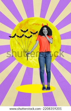 Composite collage picture image of excited young woman celebrate halloween party disco red horns demon devil costume bats balloons present
