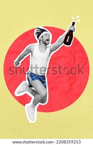 Creative drawing collage picture of running fast rushing sportsman raise alcohol battle celebrate victory race winner champagne success