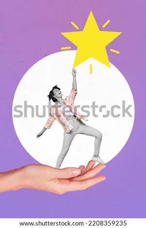 Vertical collage portrait of big human arm hold excited girl black white colors touch reach drawing star isolated on creative background