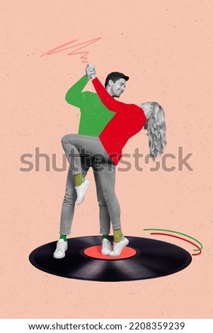 Vertical collage picture of two excited positive partners black white effect hold hands hug dancing big vinyl record