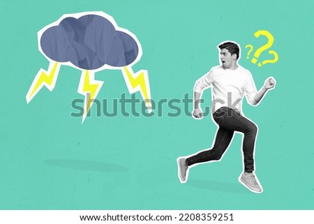 Creative collage illustration of horrified guy black white gamma running away thunderstorm cloud isolated on drawing background