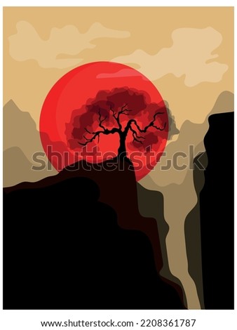 Silhouette of Chinese landscape with pagoda and mountains background, Vector