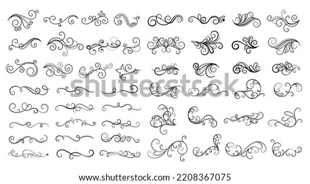 Set of vintage calligraphic flourish, curls, dividers, scrolls and swirls. Simple design elements. Hand drawn flourish vector collection	