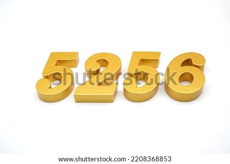  Number 5256 is made of gold-painted teak, 1 centimeter thick, placed on a white background to visualize it in 3D.                                   