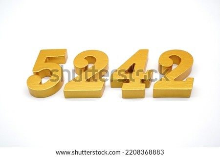 Number 5242 is made of gold-painted teak, 1 centimeter thick, placed on a white background to visualize it in 3D.                                 