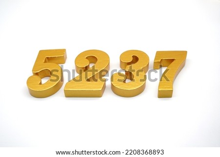 Number 5237 is made of gold-painted teak, 1 centimeter thick, placed on a white background to visualize it in 3D.                                 