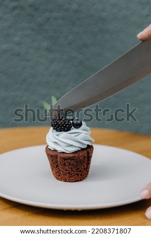 A woman cuts a sweet cake for food. Vertical photo. High quality photo