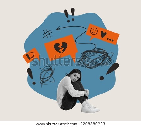 Contemporary art collage. Conceptual image with depressed young woman suffering from social media abuse. Concept of social problems, psychology, bullying, cyberbullying, depression, abuse. Poster, ad