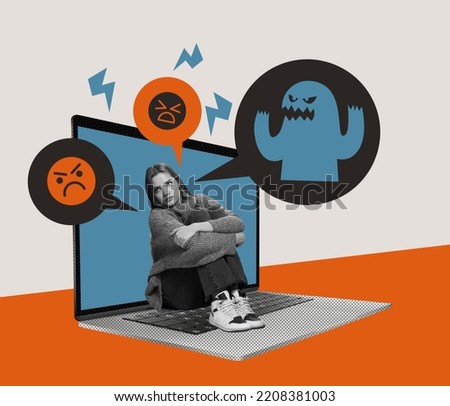 Contemporary art. Conceptual image with young woman sitting on laptop and receiving negative messages. Concept of social problems, psychology, bullying, cyberbullying, depression, abuse. Poster, ad Royalty-Free Stock Photo #2208381003