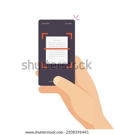 Person scanning text document via mobile cellphone vector illustrated design, recognize scan of doc photo on cell phone smartphone application image