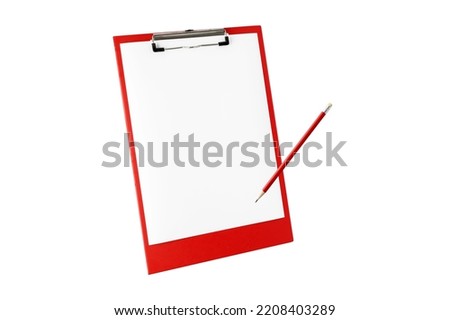 Red clipboard with blank white A4 paper and wooden graphite pencil flying isolated on white background