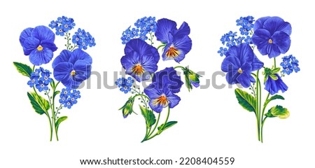 Vector Pansies and Forget-me-nots for postcards, posters, clothing design, cosmetics, advertising banners, patterns, social media posts. Realistic botanical illustration isolated on white background.