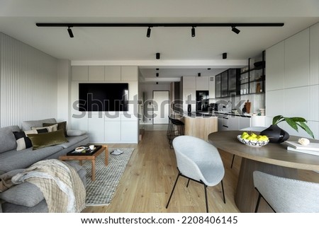 Interior design of harmonized gray apartment with round table, gray chair, stylish sofa, kitchen island, furniture, rug, decoration and personal accessories. Open space Home decor. Template.