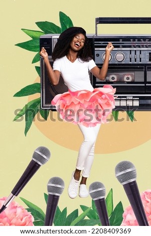 Creative drawing collage picture of gorgeous funky beautiful woman famous singer retro vintage boombox microphones flower skirt