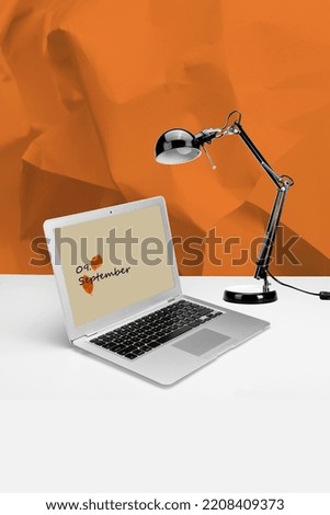 Vertical collage picture of wireless netbook table lamp working desktop isolated on creative painted background
