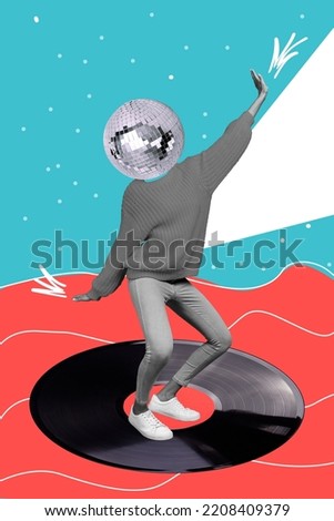 Creative poster collage of active lady disco ball instead head dancing energetic party surfing vinyl record music disco waves have fun Royalty-Free Stock Photo #2208409379