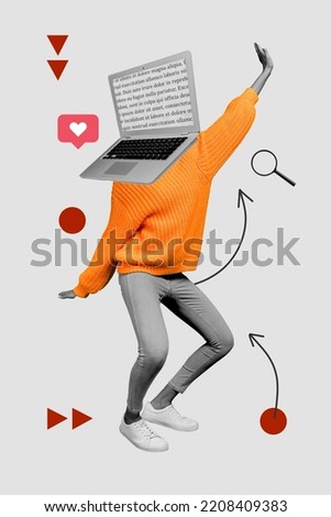 Collage magazine image of freak person with modern netbook face dance active like on painting white color background Royalty-Free Stock Photo #2208409383