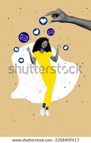 Vertical creative collage image of positive young woman influencer big hand social media algorithm popular post hearts comments messages