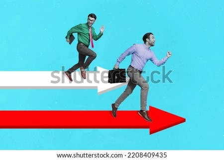 Creative collage image of two mini people black white colors running drawing arrow direction compete isolated on blue background