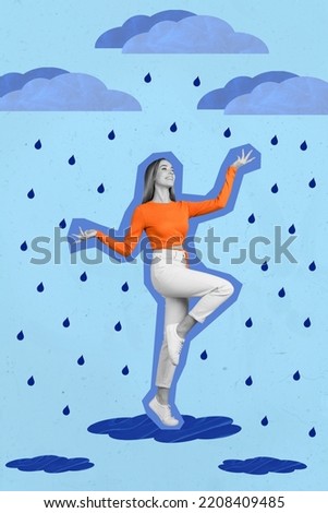 Collage 3d image of pinup pop retro sketch of funny positive smiling young woman enjoy autumn rainy weather water drops puddles walk park