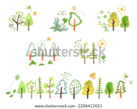 Scandinavian style One point landscape of trees Cute and simple hand-painted watercolor illustration set