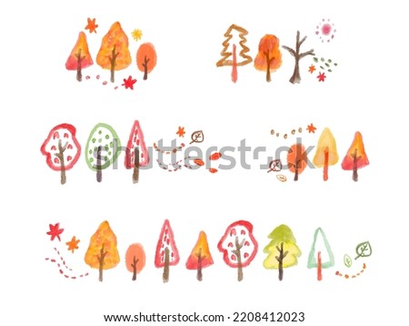 Scandinavian style Autumn trees One point landscape Cute and simple hand-painted watercolor illustration set