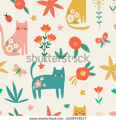 Vector seamless pattern with  flowers and cats. Animal background in hand-drawn style. Cartoon style. Funny kids fabric print. For textiles, clothing, bed linen, office supplies.