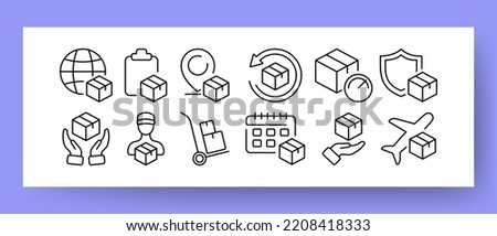 Delivery set icon. Safe, fast delivery by air to anywhere in the world. Planet, pointer, clock, shield, calendar, plane, trolley. Order concept. Vector line icon for Business and Advertising