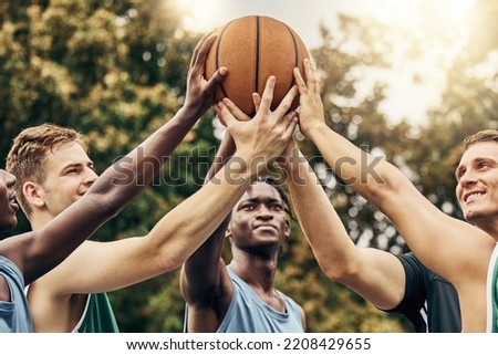 Training, friends and community support by basketball players hand connected in support of sports goal and vision. Fitness, trust and motivation on basketball court by happy, united professional men