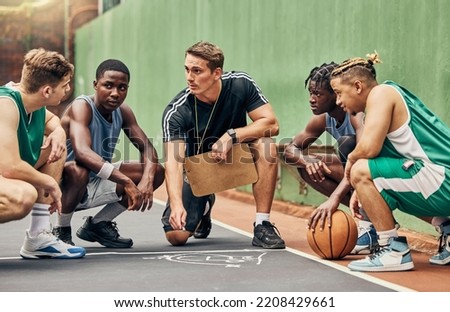 Basketball strategy, team sports and coach talking to USA sport group about coaching for game on court. Young athlete students in communication about idea during training for professional competition Royalty-Free Stock Photo #2208429661