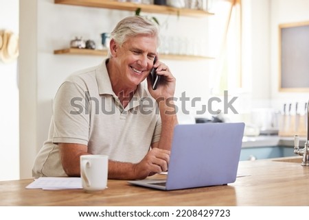 Senior man, phone call and laptop home budget finances, online banking and planning for retirement savings, investment and insurance. Happy mature guy working, consulting and mobile admin connection Royalty-Free Stock Photo #2208429723