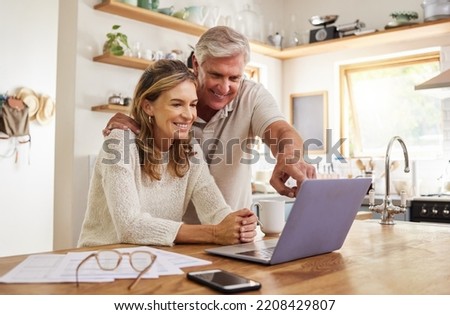 Happy pension couple with laptop and paperwork for retirement planning, online ecommerce website or digital bank application investment. Elderly, senior people for life insurance or asset management Royalty-Free Stock Photo #2208429807