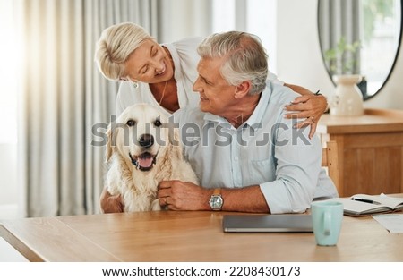 Love, pet and senior couple with dog relax at home bonding, playing and spend quality time together. Retirement life, smile and happy elderly man, woman or family enjoy peace with domestic animal Royalty-Free Stock Photo #2208430173