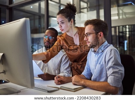 Learning, computer and training business interns in night office with manager, boss and leadership help. Men with technology planning ideas, kpi strategy and marketing innovation vision with mentor Royalty-Free Stock Photo #2208430283